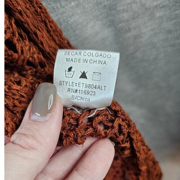 Altar'd State Burnt Orange Open Lace Crochet Long Duster Vest Shrug Small - Picture 6 of 7